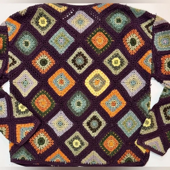 Granny Square Cardigan Boho Multicolor Hand Knit Button Front Sweater M - Picture 3 of 7